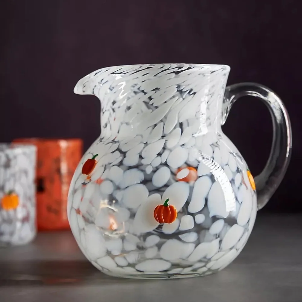 Anthropologie Mystic Pressed Bead Pitcher Icon Glass Halloween Pumpkin NEW - Picture 1 of 4